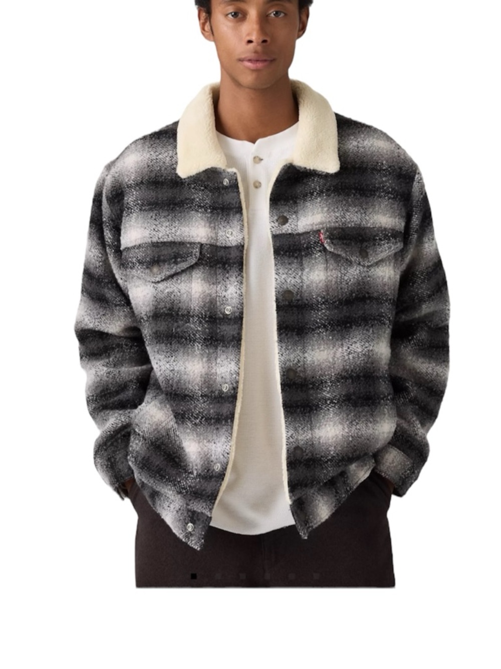 Levi's Black & White Plaid Sherpa Collar Shirt relaxed fit trucker Jacket